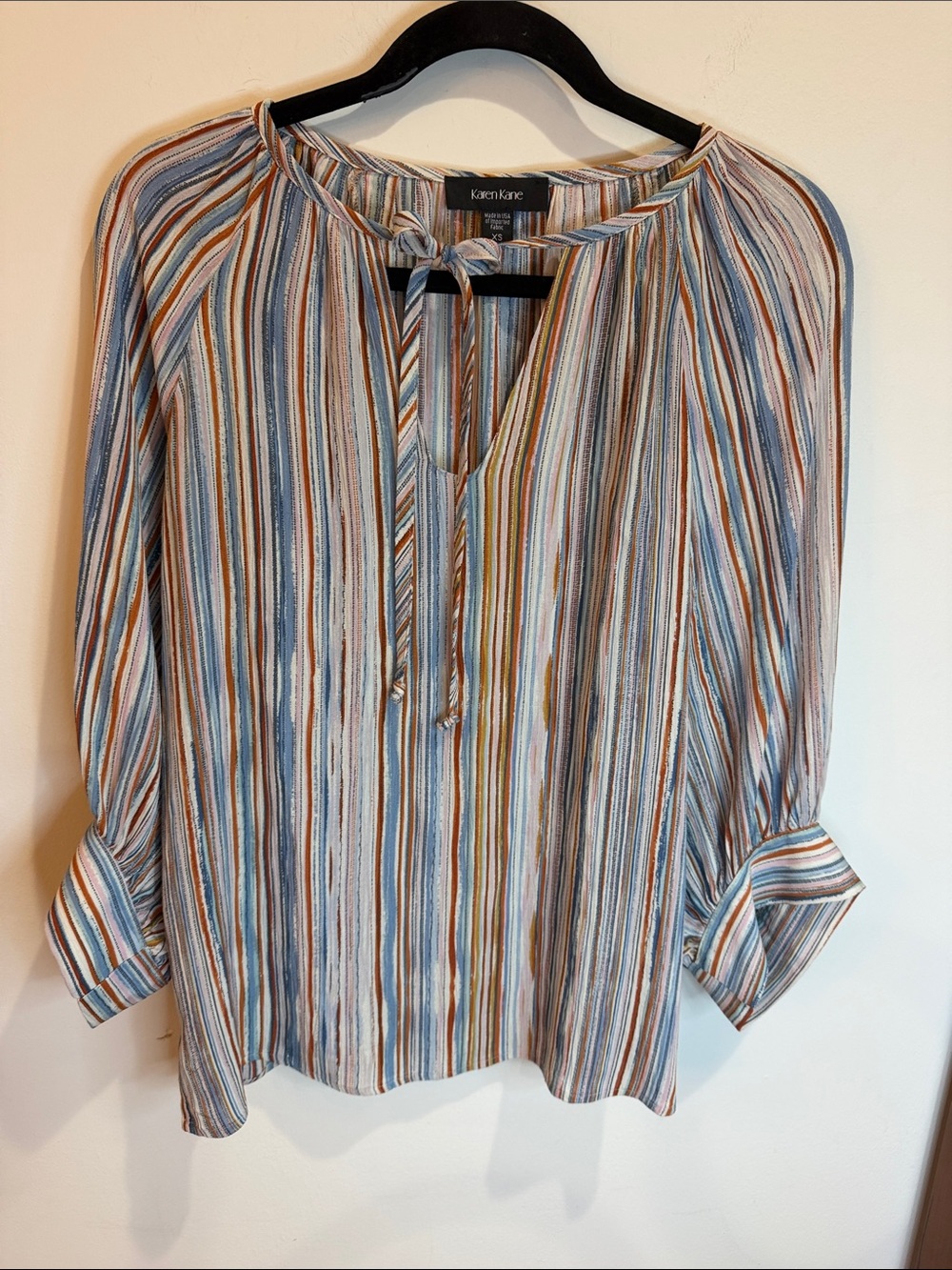 Karen Kane Multicolor Striped Peasant Style Tie-Front Blouse, XS